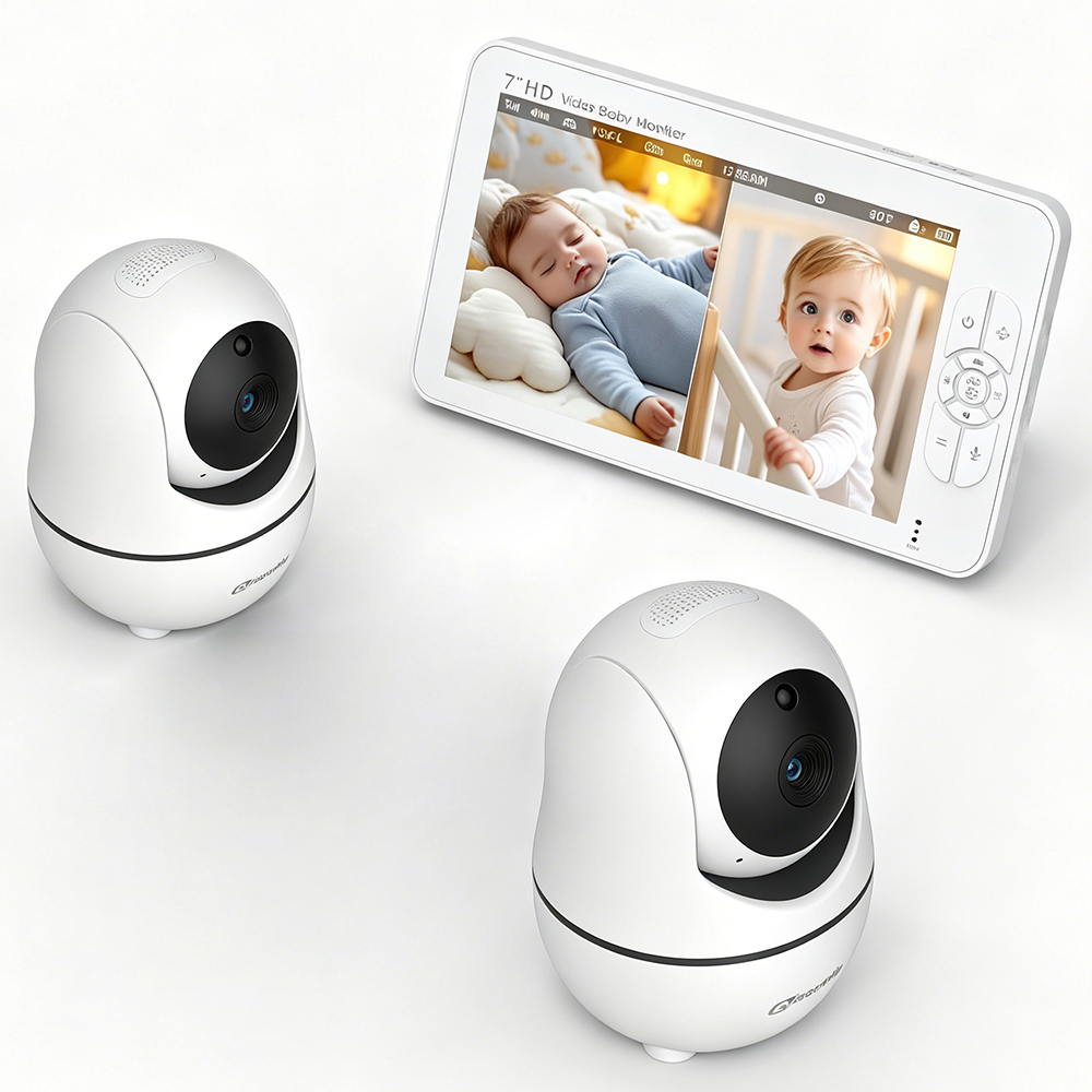 7インチHD分割画面ベビーモニター、2台のPTZカメラ搭載、 - Audio Hd Music のレビューと価格